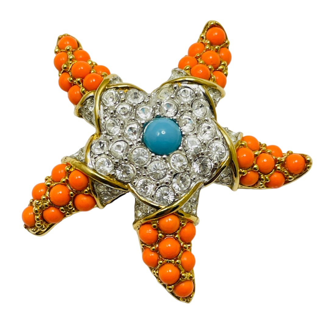 Vtg SWAROVSKI gold plated enamel crystals starfish coral turquoise designer brooch: Vtg SWAROVSKI gold plated enamel crystals starfish coral turquoise designer brooch