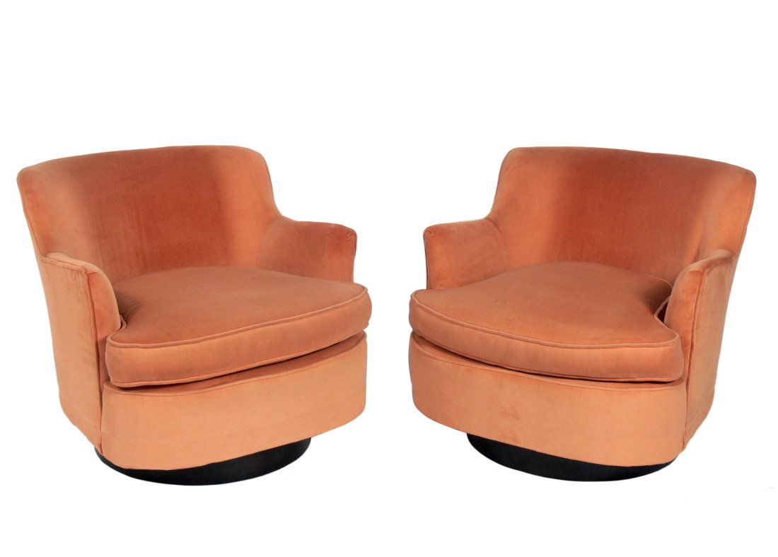 Mid Century Upholstered Swivel Chairs attributed to Dunbar (1 of 4)