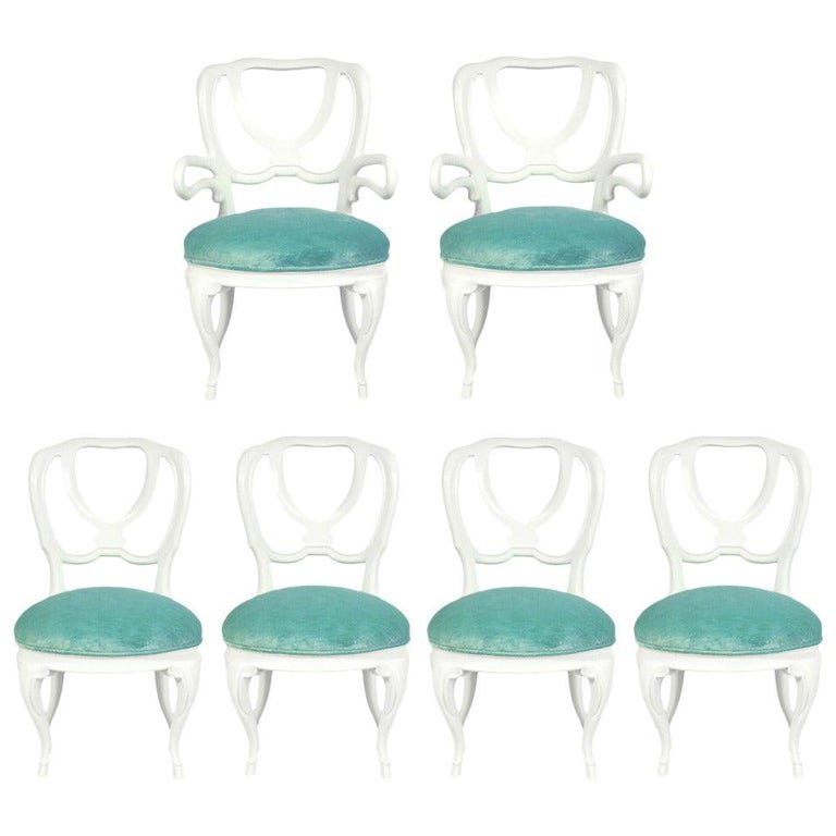 Hollywood Regency White Lacquer Dining Chairs Set of Six (1 of 4)