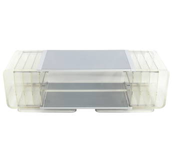 1970s French Lucite Coffee Table attributed to Michel Dumas: Sculptural Lucite coffee table, attributed to Michel Dumas, France, circa 1970s. It is a versatile size and can be used as a coffee table or media cabinet. Storage for books, magazines etc on each sid