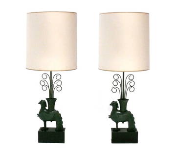 William Billy Haines Asian Bronze Lamps: Pair of Sculptural Asian Style Table Lamps, designed by William "Billy" Haines, American, circa 1950s. Haines used this design in several of his Hollywood interiors, but only a few have come up for