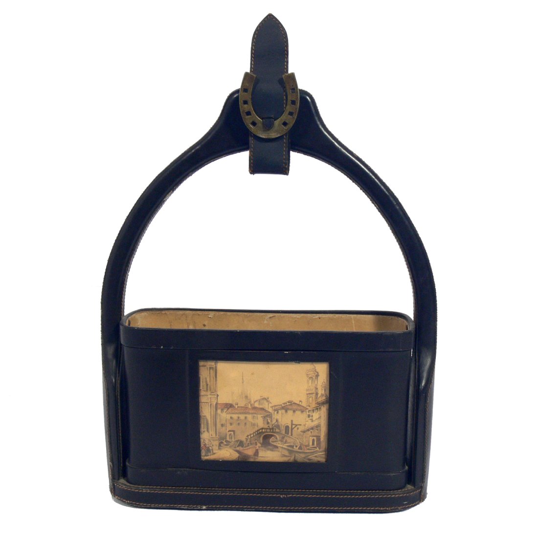 Jacques Adnet Stitched Leather Wine Bottle Holder: Jacques Adnet stitched leather wine bottle holder, France, circa 1950s. Retains warm original patina. 21"H x 15"W x 4"D.