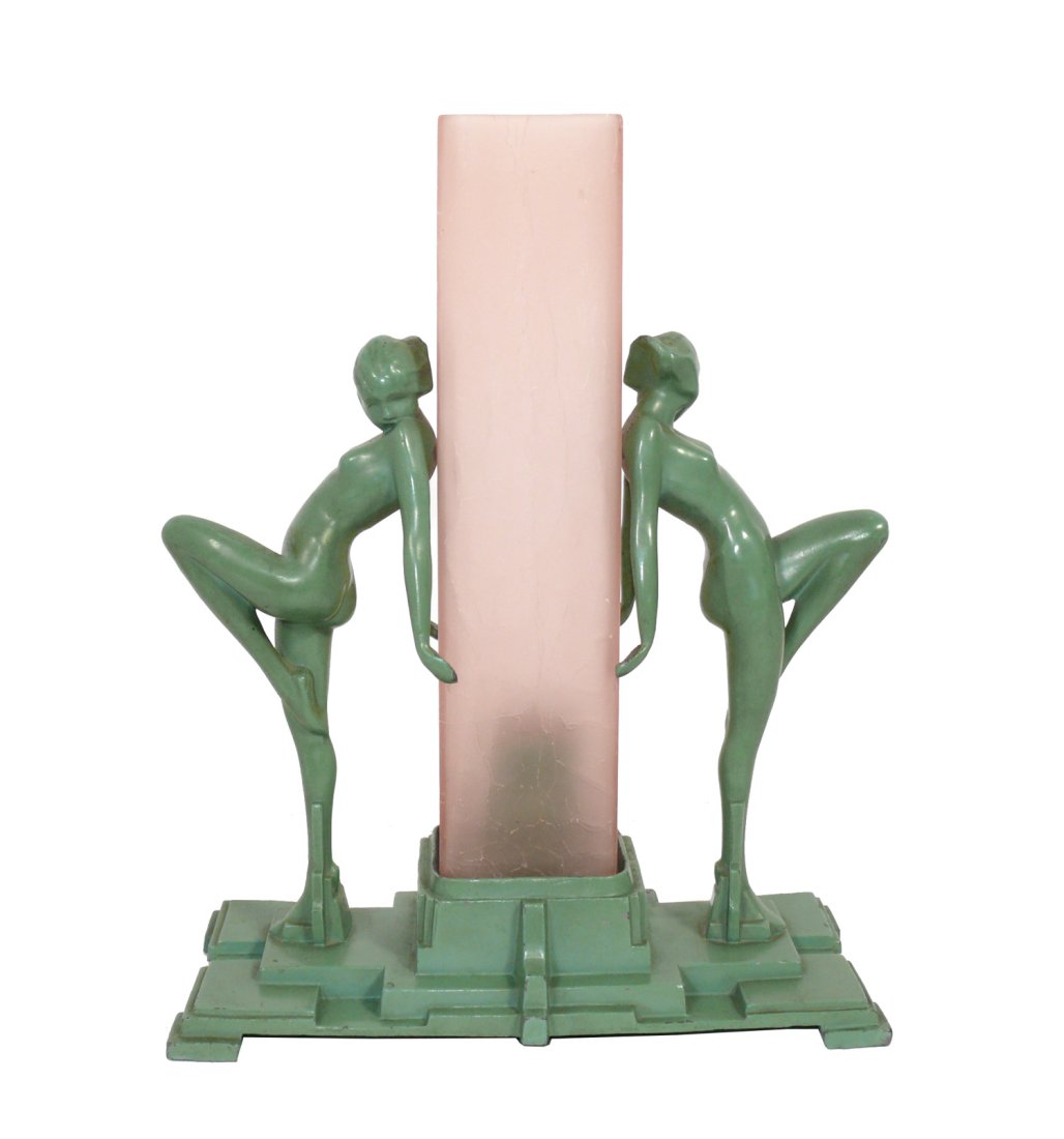 Frankart Art Deco Model L222 Lamp: Frankart Original Art Deco Model L222 lamp, American, circa 1930s. Original Frankart figural lamp depicting two young female nude dancing beauties with knees bent and raised and arms pulled back holdi