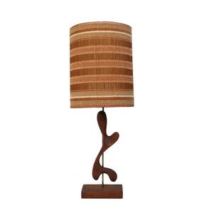 Paul Laszlo Lamp with Maria Kipp Shade: Sculptural table lamp, hand made wood base probably sculpted by F.F. Kern and hand made shade by Maria Kipp for Paul Laszlo, American, circa 1950s. Signed underneath. Measurements: 25.25"H x 10"W x 6"