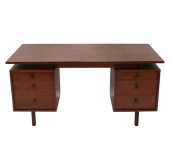 Richard Artschwager Clean Lined Walnut Desk: Clean Lined Mid Century Desk, designed by Richard Artschwager, American, circa 1960s. Hand signed under drawer. It is finished on both sides, so it could be floated in a room. Artschwager's furniture