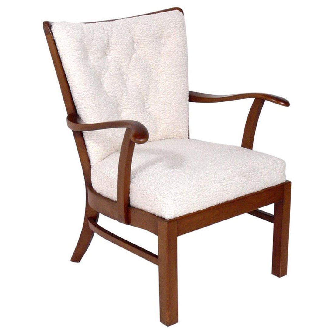 Fritz Hansen Lounge Chair in Faux Sheepskin: Danish modern lounge chair, designed by Fritz Hansen, Denmark, circa 1940s. It is believed to be constructed of ash and has recently been reupholstered in faux sheepskin. Measurements: 34" H x 26" W x