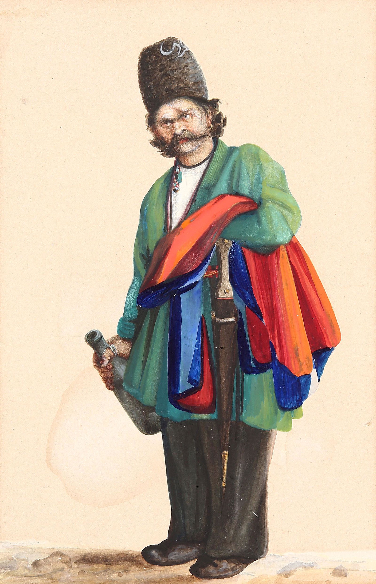 A Qajar Painting of a Tat Man: A Qajar Painting of a Tat Man Qajar, Persia, 19th century opaque pigments and watercolour on paper Measurement: 25 x 16 cm. Note: The Tat people are an Iranian people presently living within Azerbaija