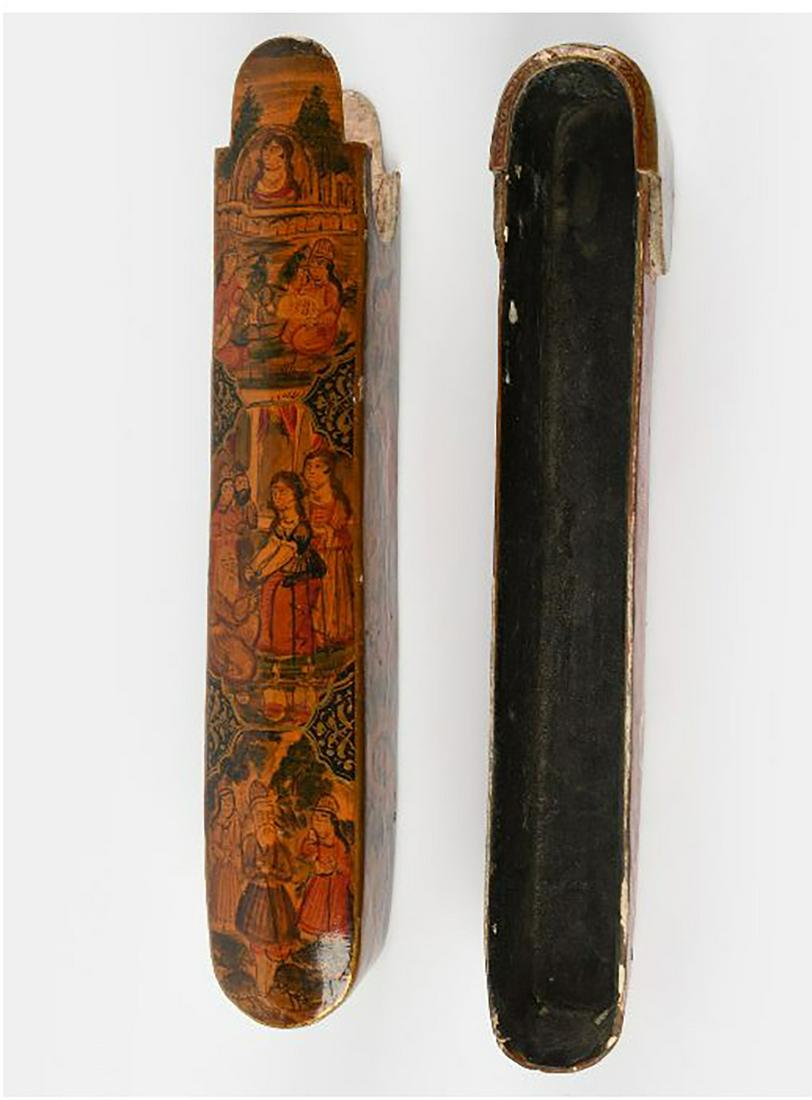 A Qajar Lacquer Penbox (Qalamdan) Depicting a Love Story (1 of 4)