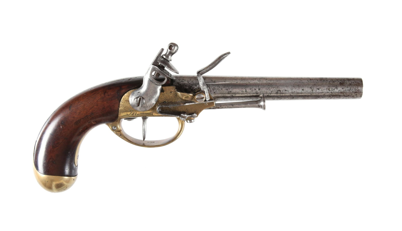 Rare French Cavalry Flintlock Pistol for Officers, M1777 by â€˜Maubeugeâ€™: Rare French Cavalry Flintlock Pistol for Officers, M1777 by â€˜Maubeugeâ€™Ca. 1779 - 1787. Single shot flintlock pistol with smooth walnut half stock and round barrel in Cal. 18mm. Brass lock