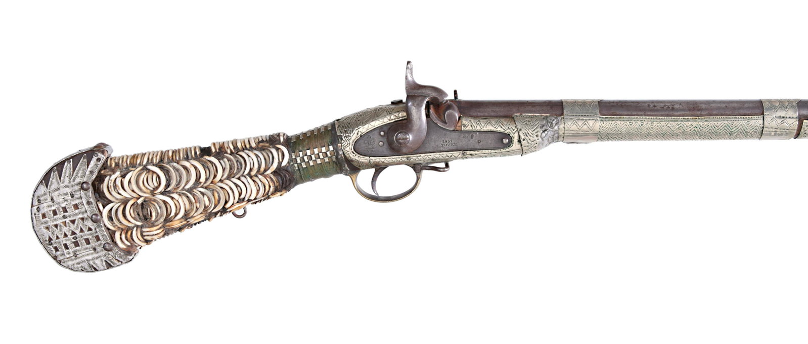 A Saudi Jezail Percussion Rifle, ca. 1890: A Saudi Jezail Percussion Rifle, ca. 1890The wooden full stock decorated with large and small engraved silver plates, copper wire and smooth round barrel. The grip with fine engraved iron butt cap and