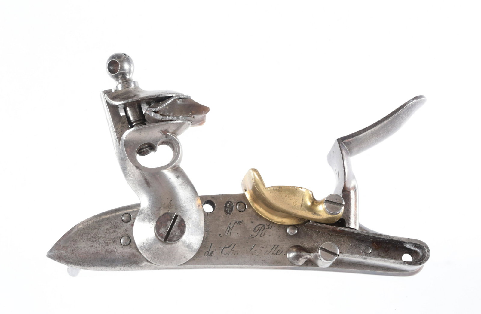 A French lock for Flintlock Pistol or Gun, ca. 18th Century: A French lock for Flintlock Pistol or Gun, ca. 18th CenturySmooth iron lock plate, iron hammer for flintstone and bronze powder pan. Signed; â€œMre (= Manufacture) Rle. (= Royale) de Charleville&r