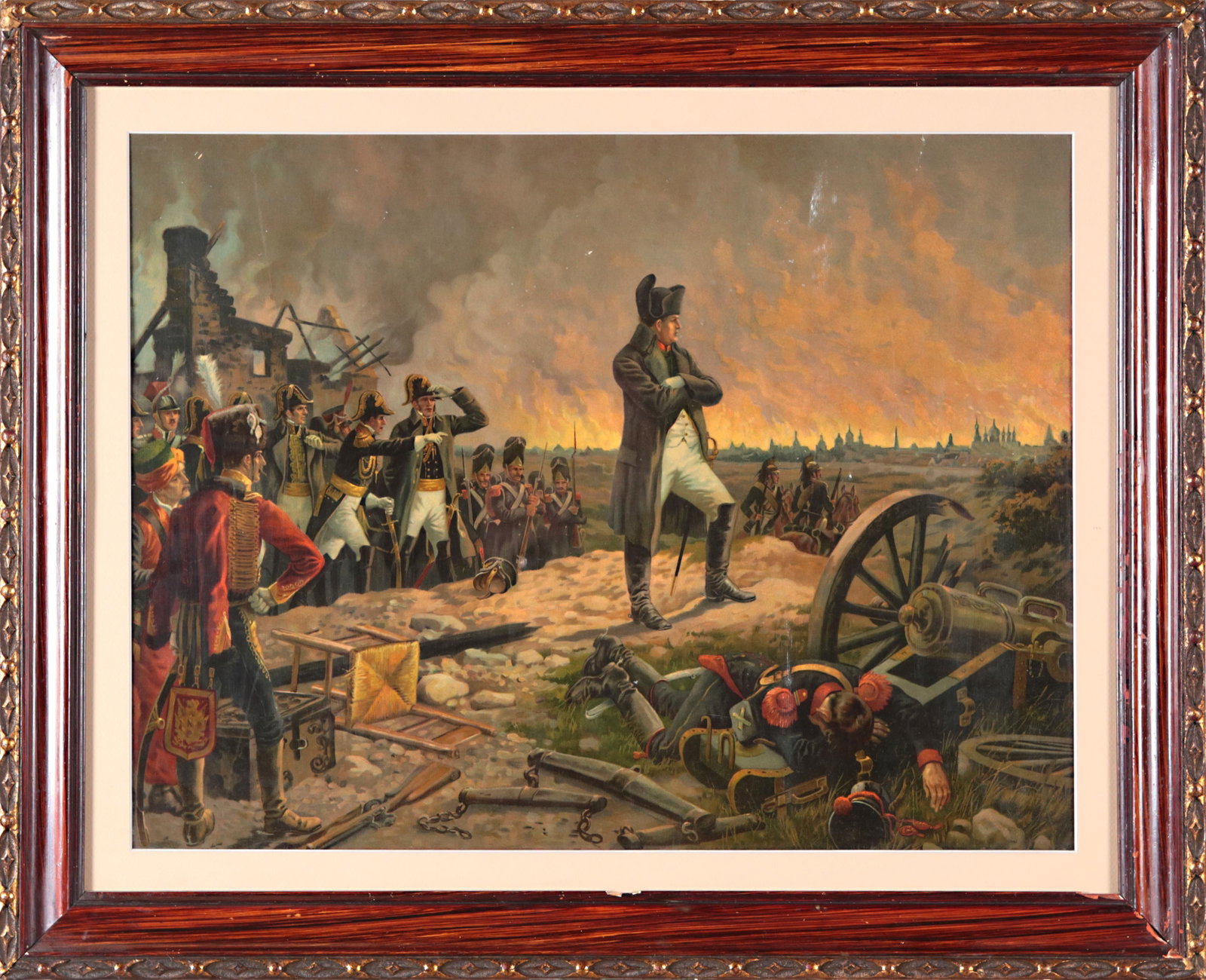 Antique Framed Print: Antique Framed Print â€œNapoleon watching the burning of Moscow" (1812)Size: 50 x 38 cm. Antieke Prent in Lijst â€œNapoleon aanschouwd de brandende stad Moskou” (1812)Afm: 50 x 38 cm.