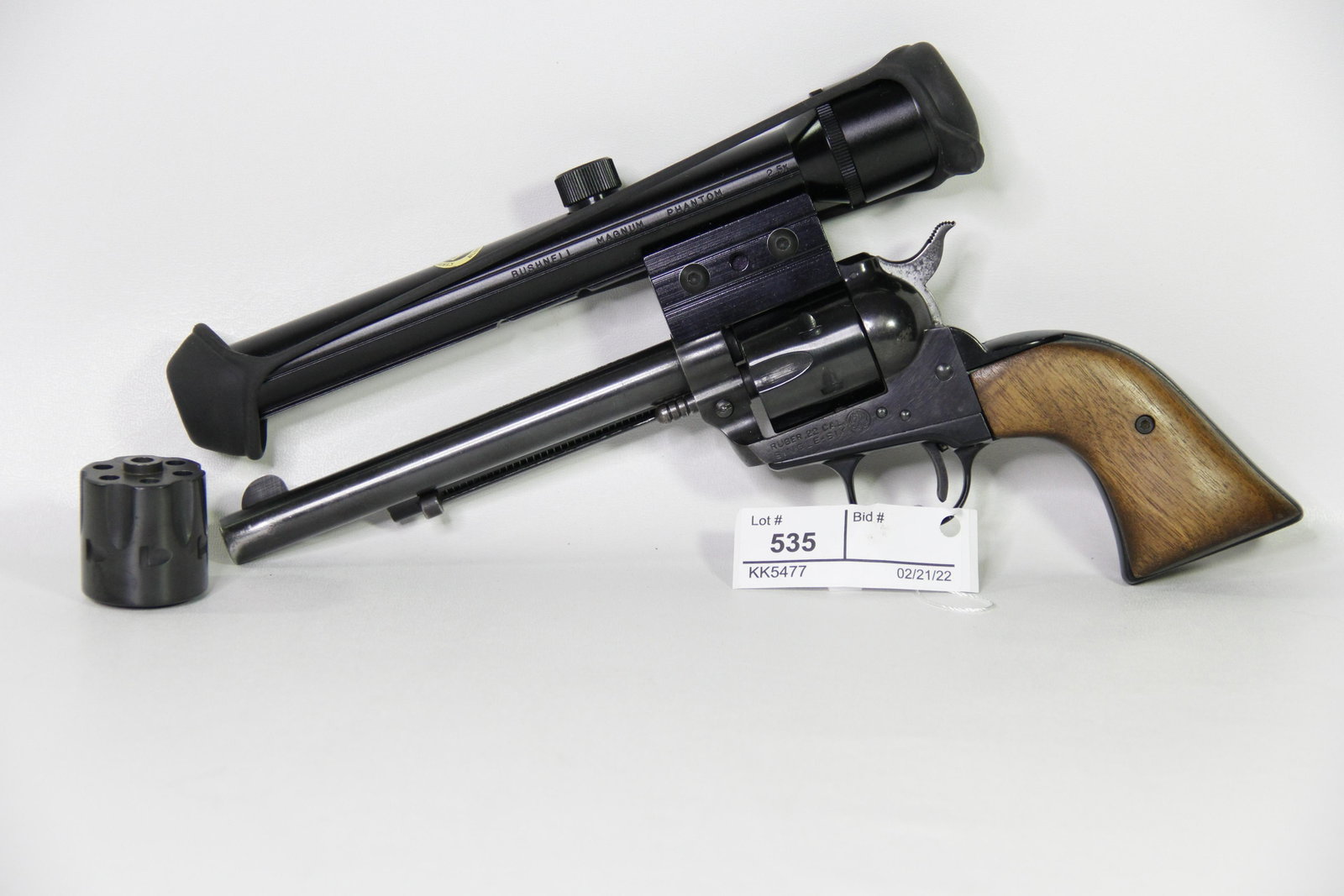 RUGER SINGLE SIX .22 CALIBER REVOLVER BUSHNELL SCOPE: Ruger Single Six .22 caliber single action revolver. Barrel stamped "Strum, Ruger & Co, Inc - Southport Conn. USA". Frame stamped "Ruger .22 Cal - Single-Six". Ruger Rose Wood Grips. Caliber / Gauge: 