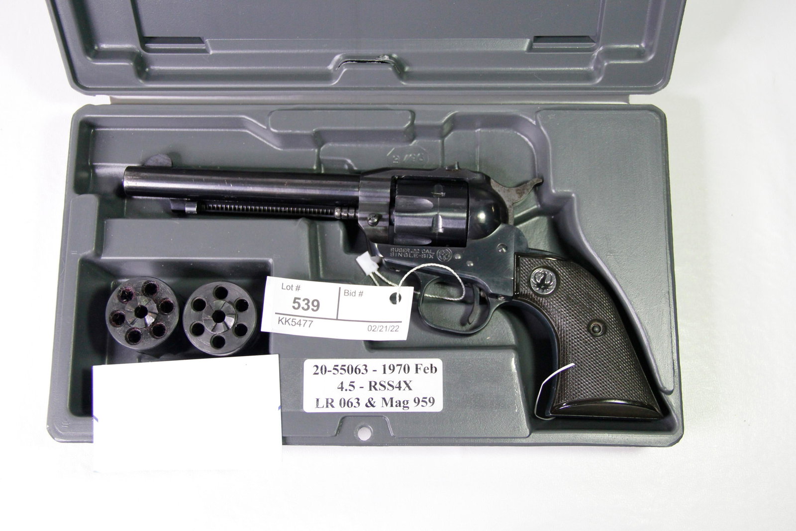 1970 RUGER SINGLE SIX .22 CALIBER REVOLVER: Ruger Single Six .22 caliber single action revolver. Barrel stamped "Strum, Ruger & Co, Inc - Southport Conn. USA". Frame stamped "Ruger .22 Cal - Single-Six". Ruger Black Checkered Grips. Caliber / G