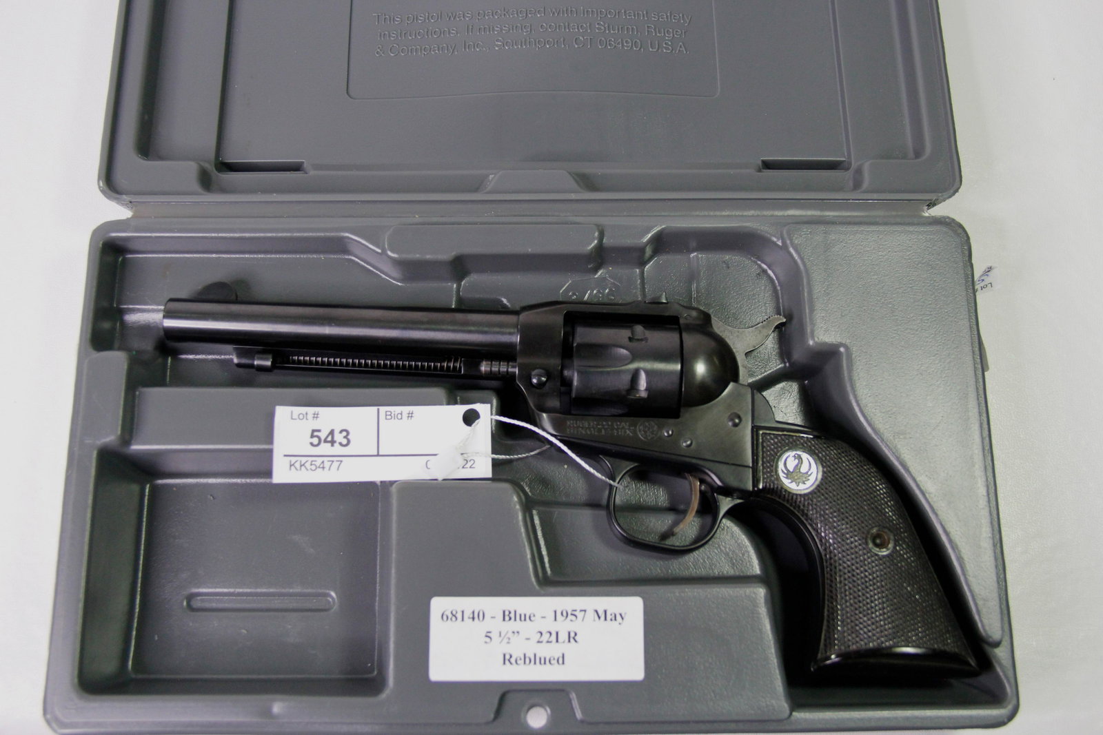 1957 RUGER SINGLE SIX .22 CALIBER REVOLVER: Ruger Single Six .22 caliber single action revolver. Barrel stamped "Strum, Ruger & Co, Inc - Southport Conn. USA". Frame stamped "Ruger .22 Cal - Single-Six". Ruger Black Checkered grips. Caliber / G