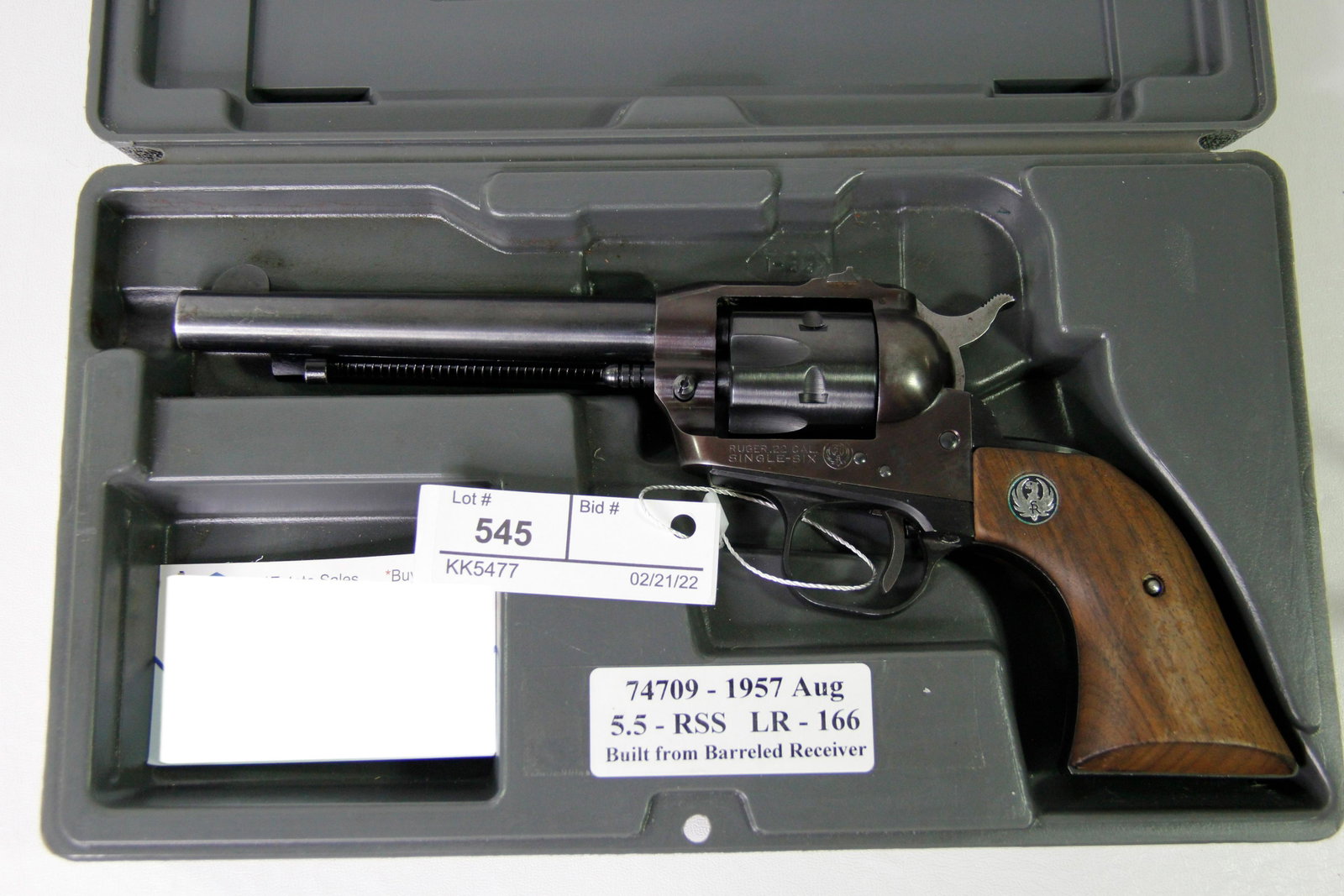 1957 RUGER SINGLE SIX .22 CALIBER REVOLVER: Ruger Single Six .22 caliber single action revolver. Barrel stamped "Strum, Ruger & Co, Inc - Southport Conn. USA". Frame stamped "Ruger .22 Cal - Single-Six". Ruger Rose Wood Grips. Caliber / Gauge: 