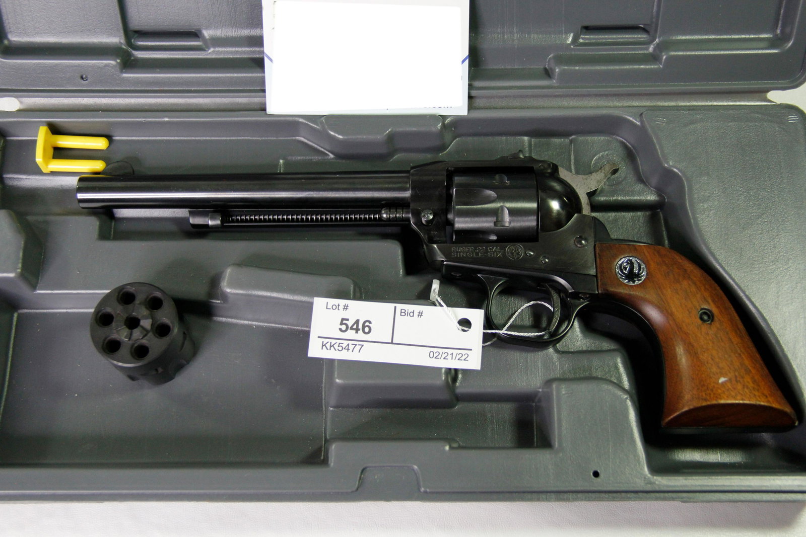 1964 RUGER SINGLE SIX .22 CALIBER REVOLVER: Ruger Single Six .22 caliber single action revolver. Barrel stamped "Strum, Ruger & Co, Inc - Southport Conn. USA". Frame stamped "Ruger .22 Cal - Single-Six". Ruger wood grips. Caliber / Gauge: 22, B
