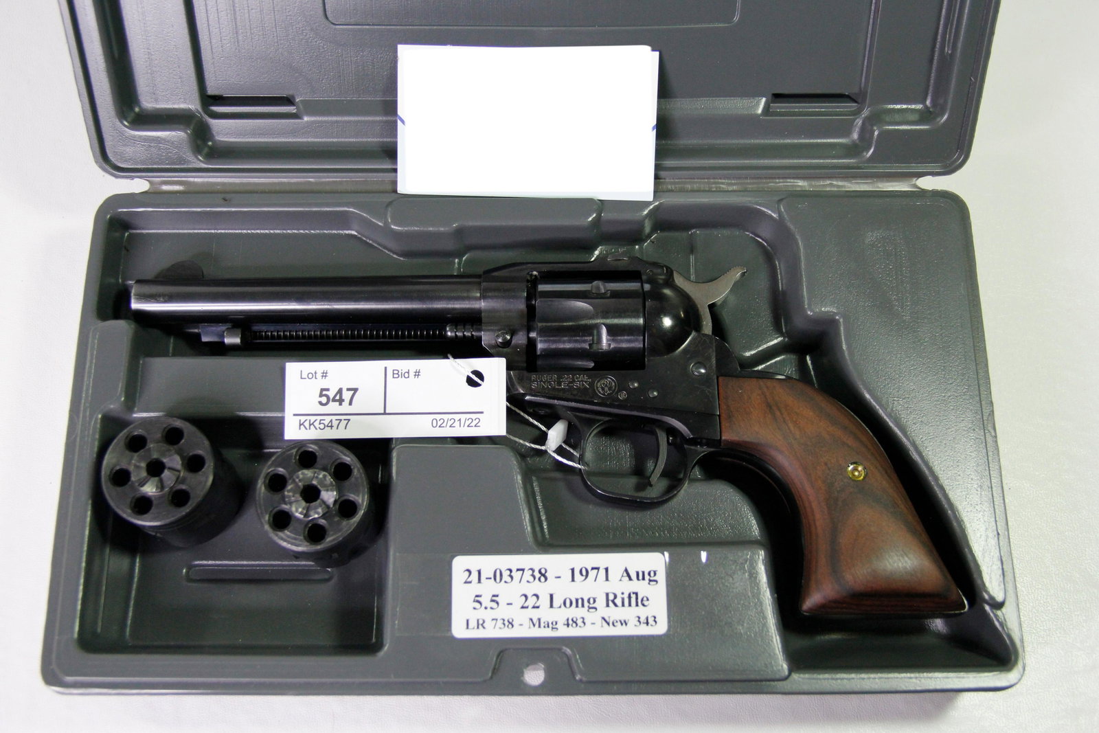 1971 RUGER SINGLE SIX .22 CALIBER REVOLVER: Ruger Single Six .22 caliber single action revolver. Barrel stamped "Strum, Ruger & Co, Inc - Southport Conn. USA". Frame stamped "Ruger .22 Cal - Single-Six". Ruger Rose Wood Grips. Caliber / Gauge: 
