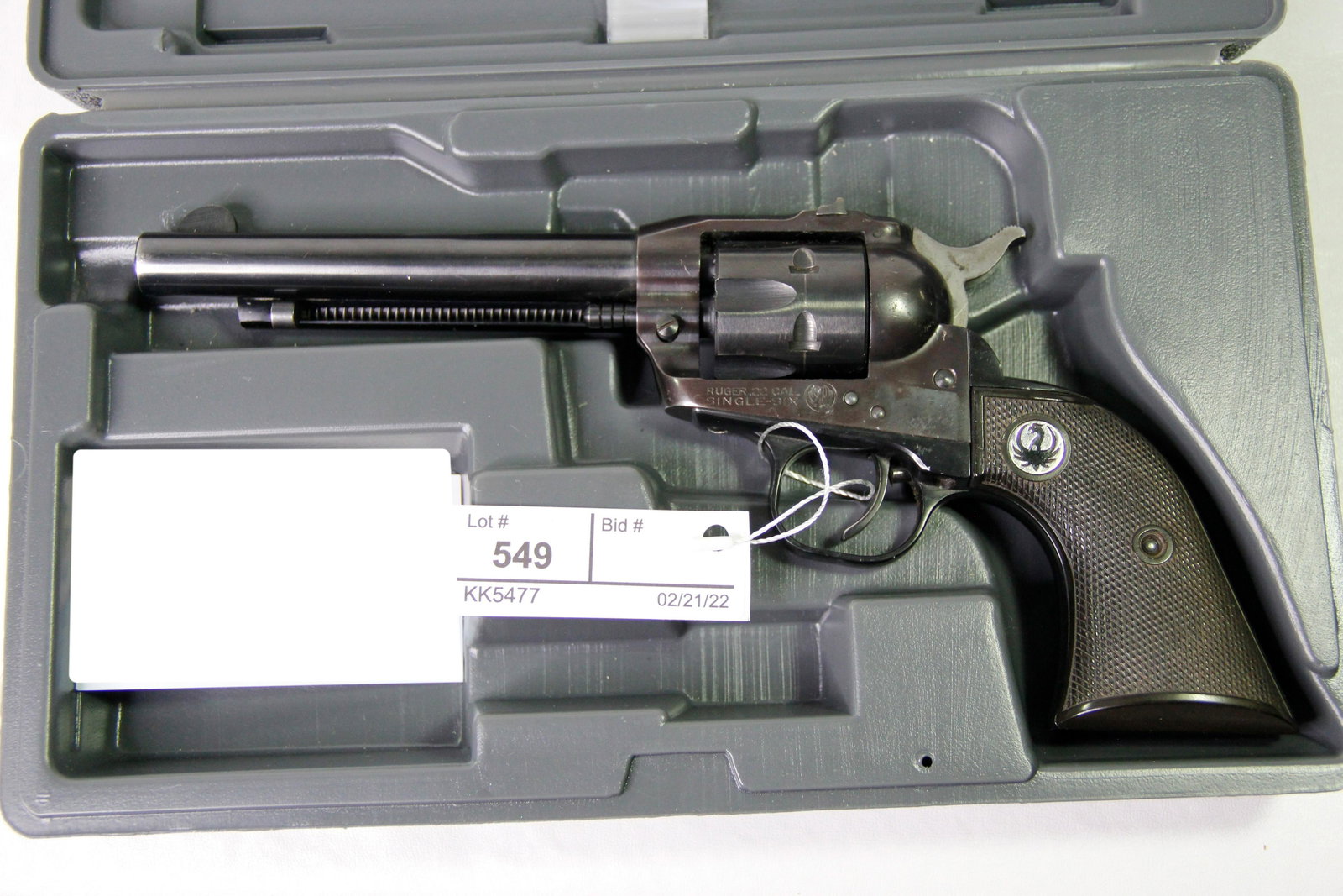 1957 RUGER SINGLE SIX .22 CALIBER REVOLVER: Ruger Single Six .22 caliber single action revolver. Barrel stamped "Strum, Ruger & Co, Inc - Southport Conn. USA". Frame stamped "Ruger .22 Cal - Single-Six". Ruger checkered synthetic grips. Caliber