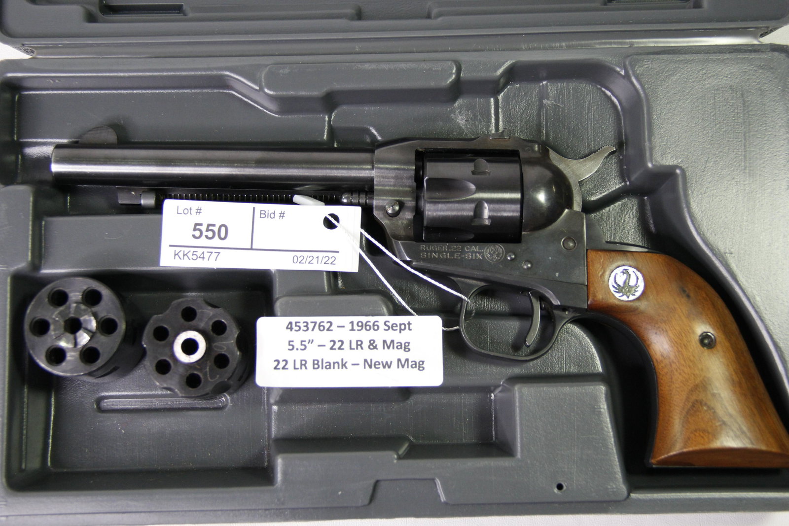 1966 RUGER SINGLE SIX .22 CALIBER REVOLVER: 1966 Ruger Single Six .22 caliber single action revolver. Barrel stamped "Strum, Ruger & Co, Inc - Southport Conn. USA". Frame stamped "Ruger .22 Cal - Single-Six". Ruger wood grips. Caliber / Gauge: 