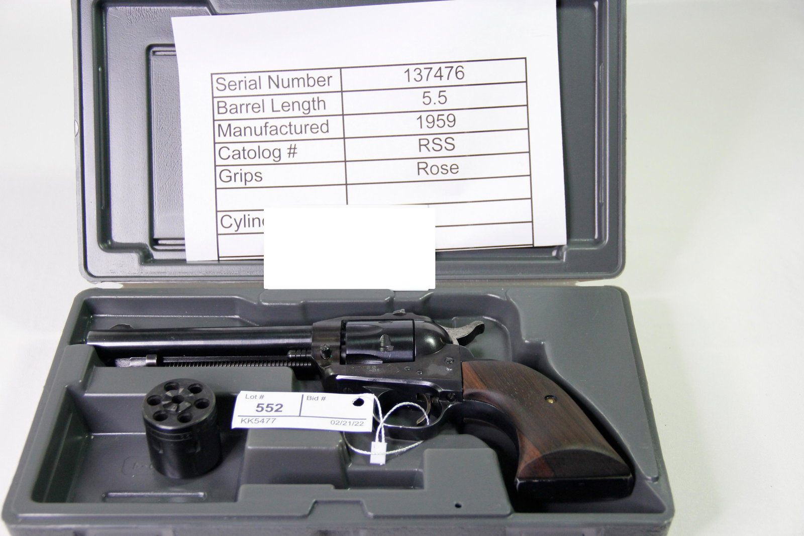 1959 RUGER SINGLE SIX .22 CALIBER REVOLVER: Ruger Single Six .22 caliber single action revolver. Barrel stamped "Strum, Ruger & Co, Inc - Southport Conn. USA". Frame stamped "Ruger .22 Cal - Single-Six". Ruger Rose Wood Grips. Caliber / Gauge: 