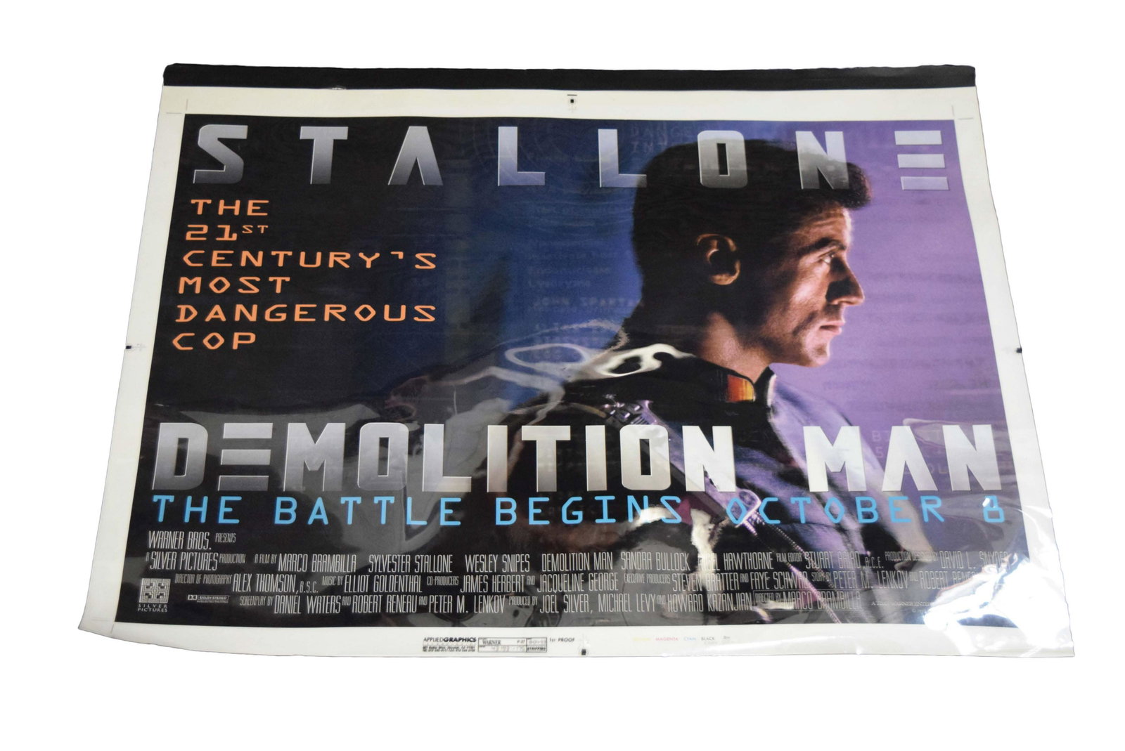 RARE PROMO "DEMOLITION MAN" SYLVESTER STALLONE POSTER - 1ST PRINTERS PROOF: APPROX. SIZE 24" X 30" SHIPPED ROLLED