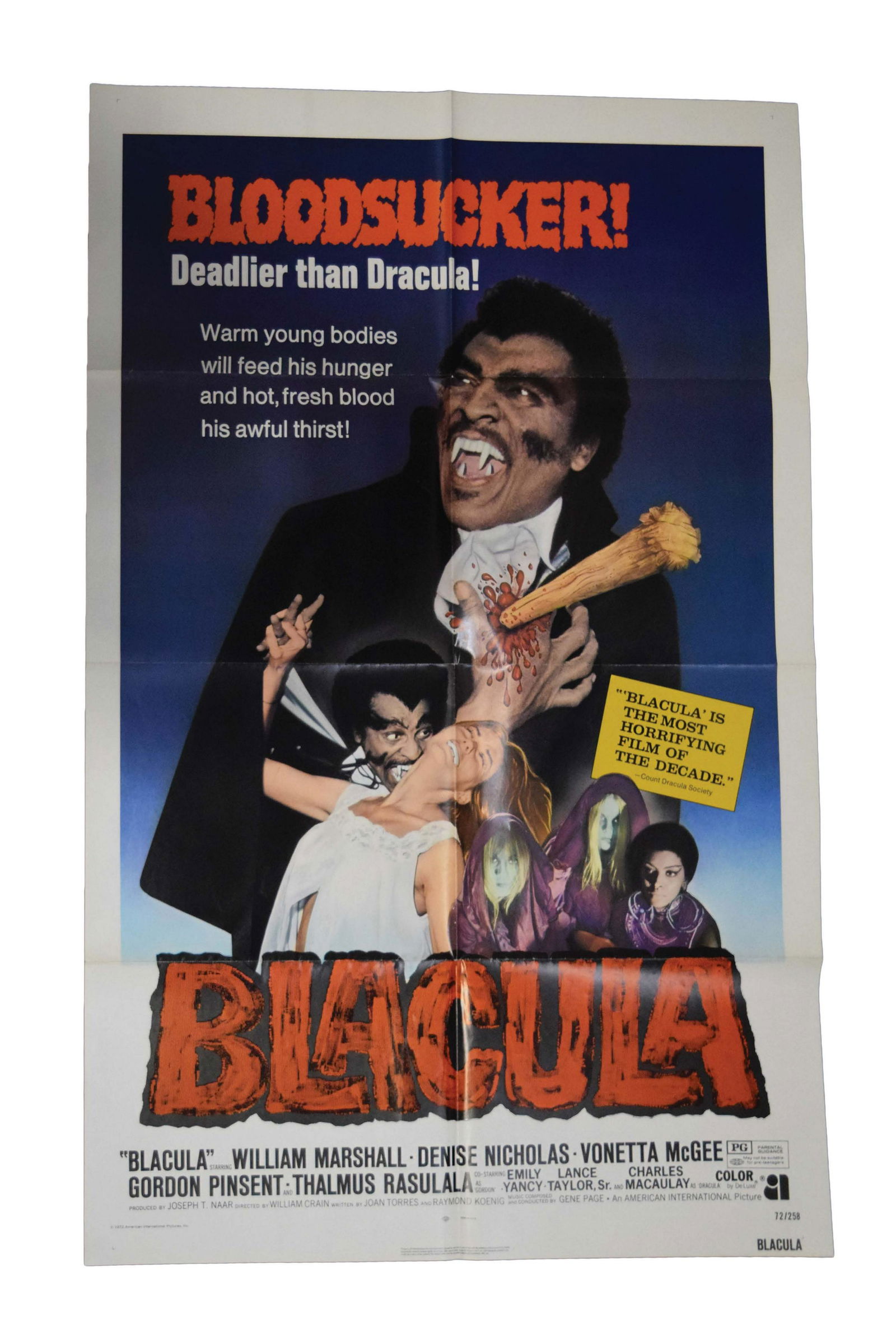 RARE ORIGINAL MOVIE POSTER "BLACULA" 1972: FOLDED BUT PERFECT CONDITION 27" X 41"