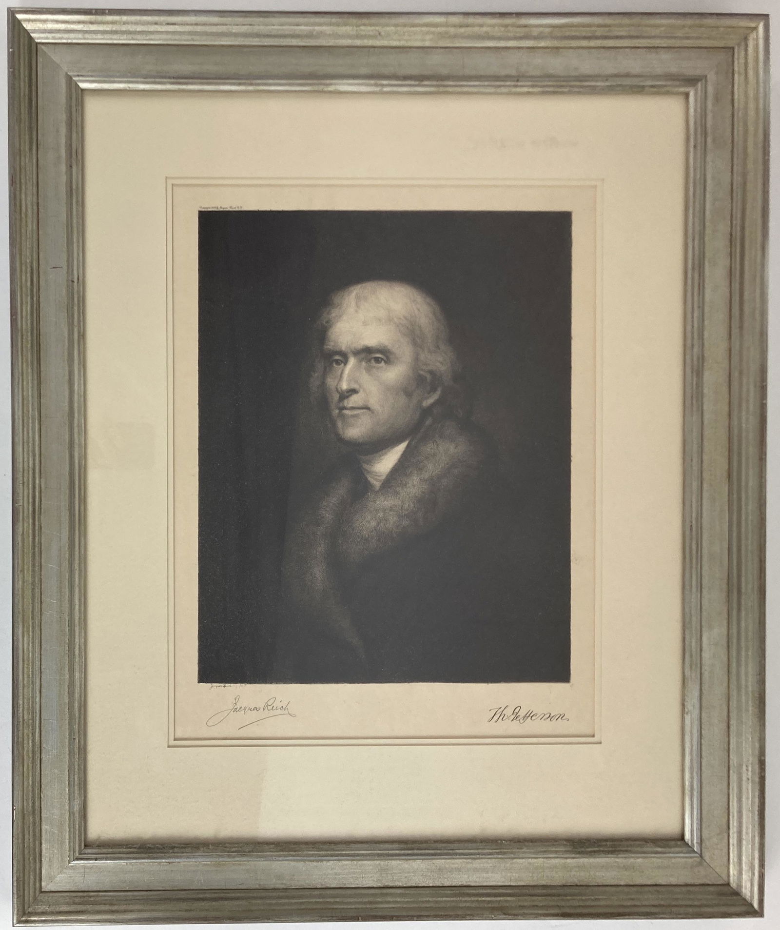 Reich | Portrait of Jefferson: An etched portrait of Thomas Jefferson by Jaques Reich, signed by Reich in pencil at lower left. Matted and framed. Very good; frame lightly bumped. Not examined out of frame. Dimensions: Print (sight
