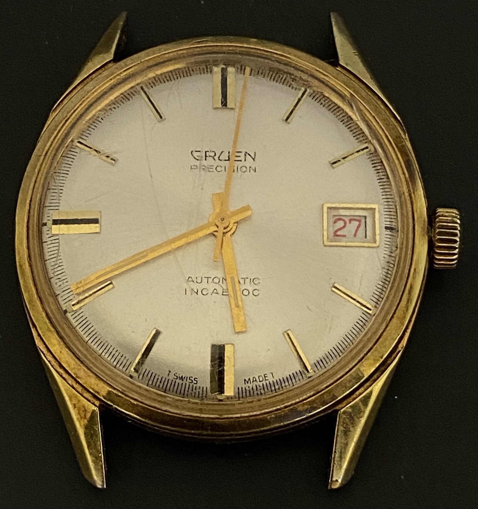 VINTAGE GRUEN PRECISION GOLD FILLED AUTOMATIC MEN'S WATCH: VINTAGE GRUEN PRECISION GOLD FILLED AUTOMATIC MEN'S WATCH The watch is pre-owned and runs. Diameter: 32mm (without the crown) *We can't garantee that the watch keeps accurate time, it wasn't tested lo