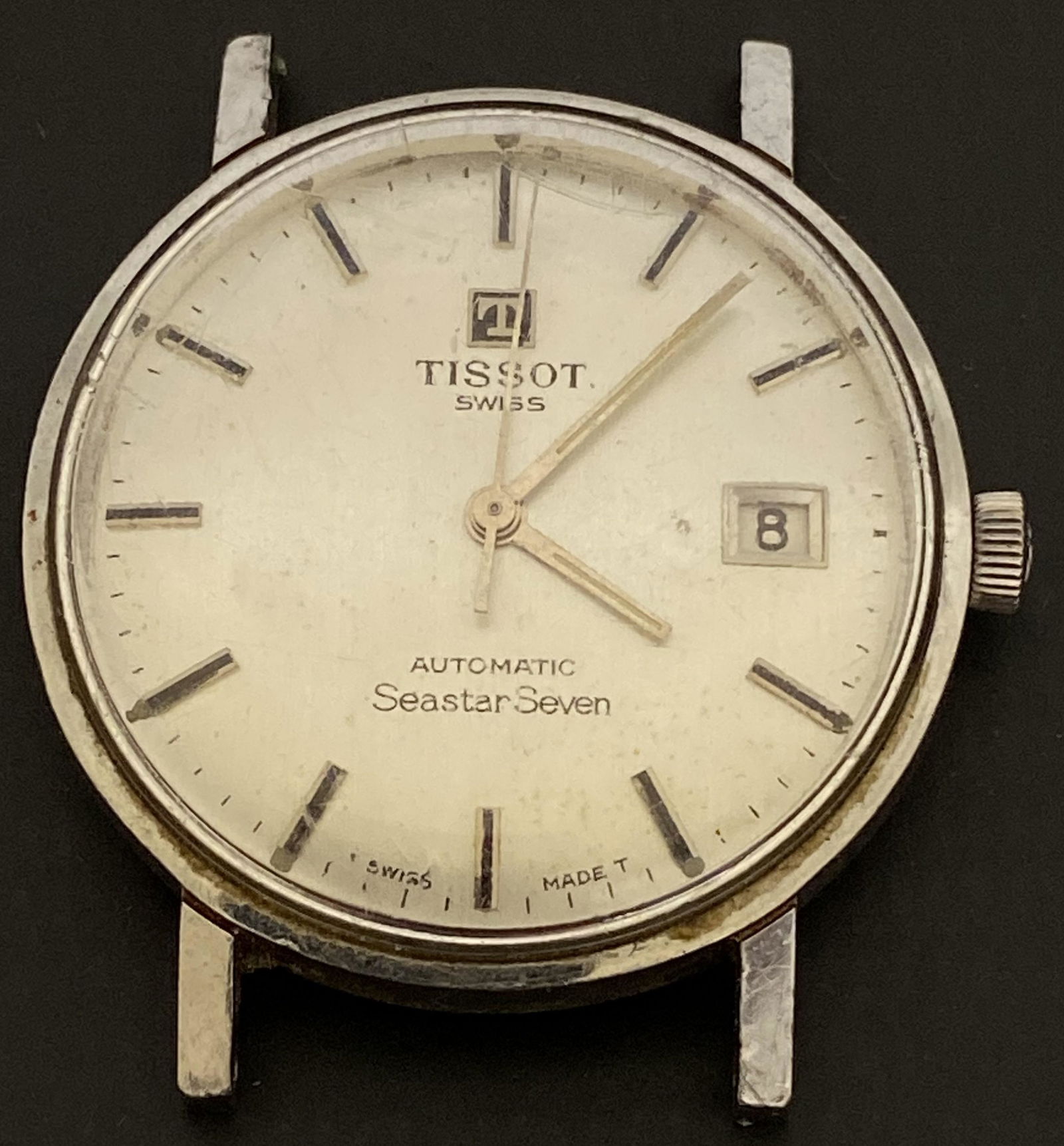 VINTAGE TISSOT SEASTAR SEVEN AUTOMATIC MEN'S WATCH: VINTAGE TISSOT SEASTAR SEVEN AUTOMATIC MEN'S WATCH The watch is pre-owned and doesn't run. Diameter: 34mm (without the crown) SHIPPING FEE CANADA 15,00$ USA 20.00$ We add 5$ by additional item