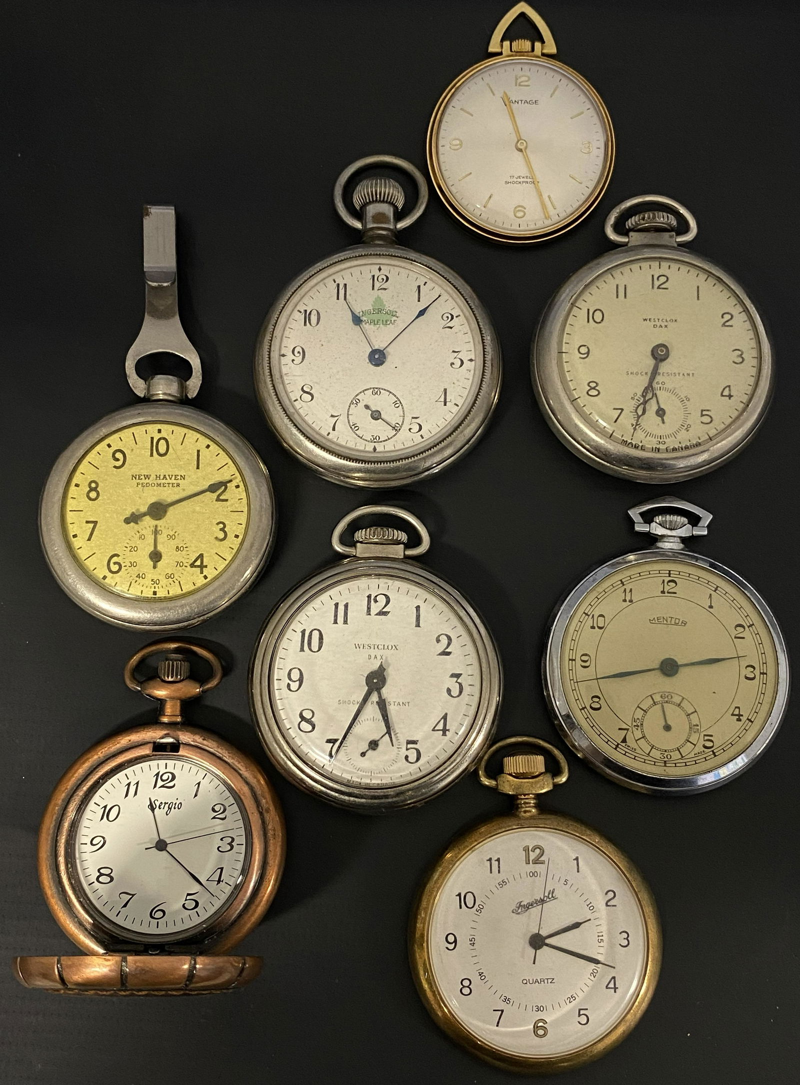 VINTAGE WIND-UP & BATTERY POCKET WATCHES LOT OF 8: LOT OF 8 VINTAGE WIND-UP & BATTERY POCKET WATCHES The watches are pre-owned and don't run. SHIPPING FEE CANADA 15,00$ USA 20.00$ We add 5$ by additional item