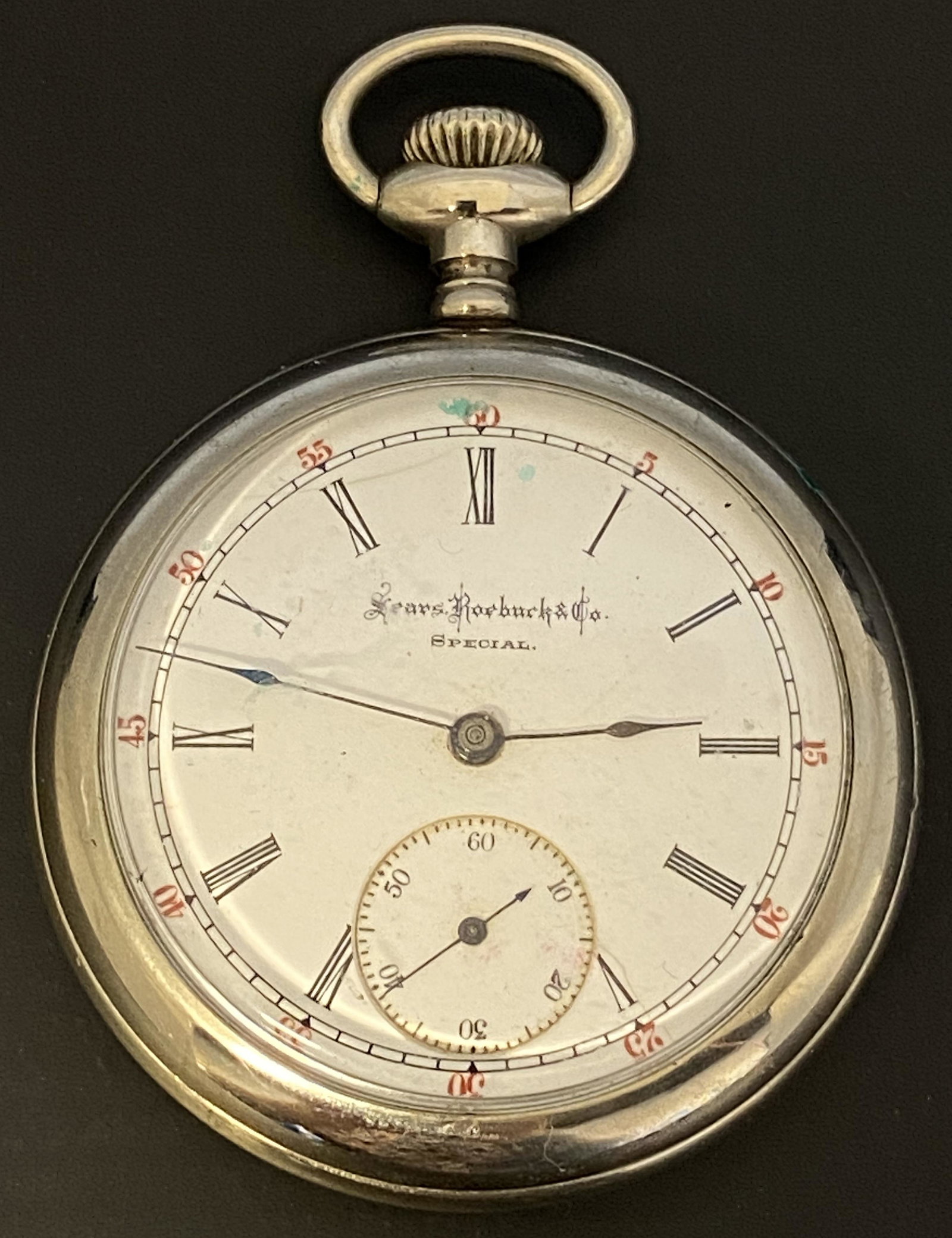 ANTIQUE SEARS ROEBUCK & CO SPECIAL NICKEL SILVER POCKET WATCH: ANTIQUE SEARS ROEBUCK & CO SPECIAL NICKEL SILVER POCKET WATCH The watch is pre-owned and runs. Diameter: 2 in *We can't garantee that the watch keeps accurate time, it wasn't tested long enough* SHIPP