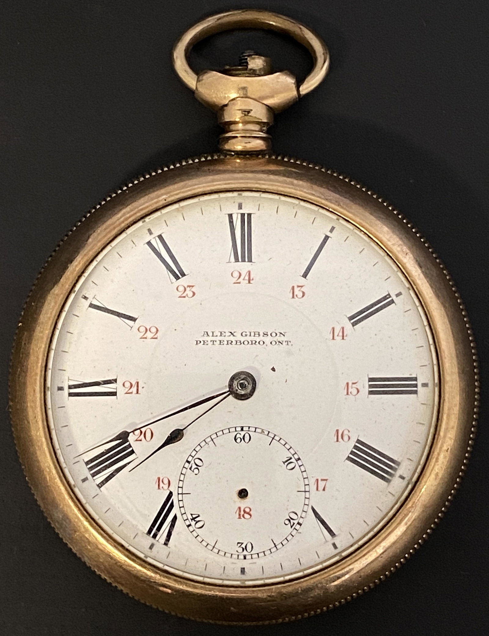 ANTIQUE ALEX GIBSON 17 JEWELS GOLD FILLED POCKET WATCH: ANTIQUE ALEX GIBSON 17 JEWELS GOLD FILLED POCKET WATCH The watch is pre-owned and doesn't run. Diameter: 2 1/8 in SHIPPING FEE CANADA 15,00$ USA 20.00$ We add 5$ by additional item
