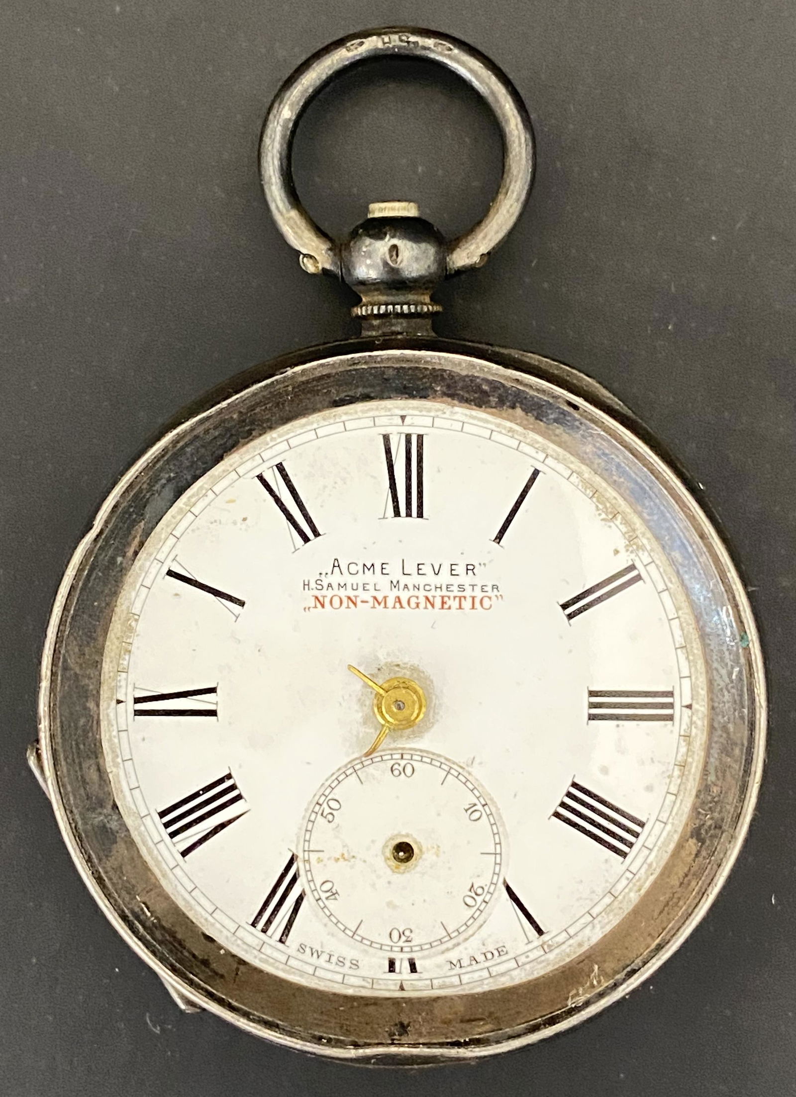 ANTIQUE H. SAMUEL'S 0.935 SILVER POCKET WATCH: ANTIQUE H. SAMUEL'S 0.935 SILVER POCKET WATCH The watch is pre-owned and doesn't run. Diameter: 2 INCHES SHIPPING FEE CANADA 15,00$ USA 20.00$ We add 5$ by additional item