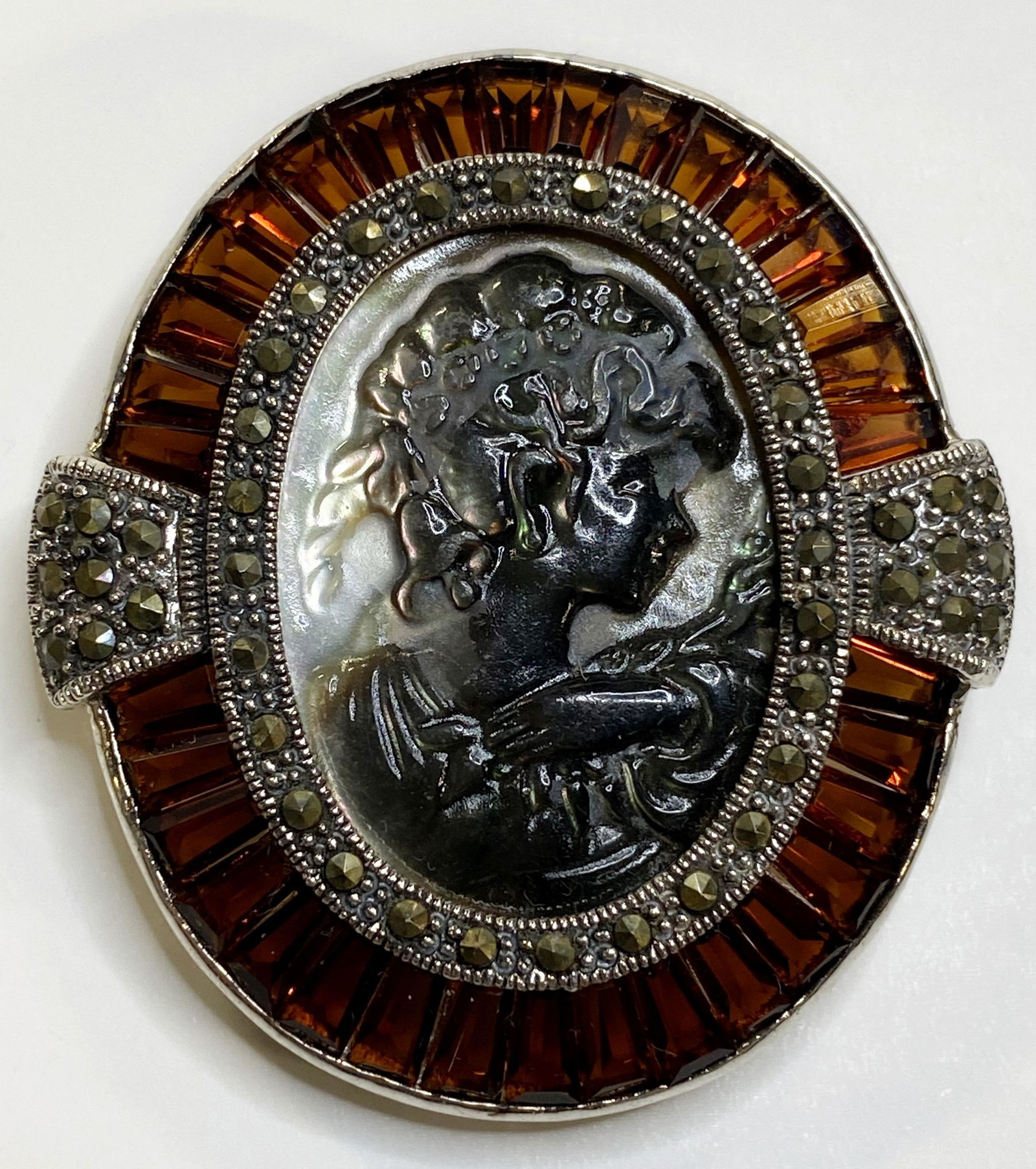 ANTIQUE STERLING SILVER CAMEO BROOCH ORANGE STONES (1 of 5)