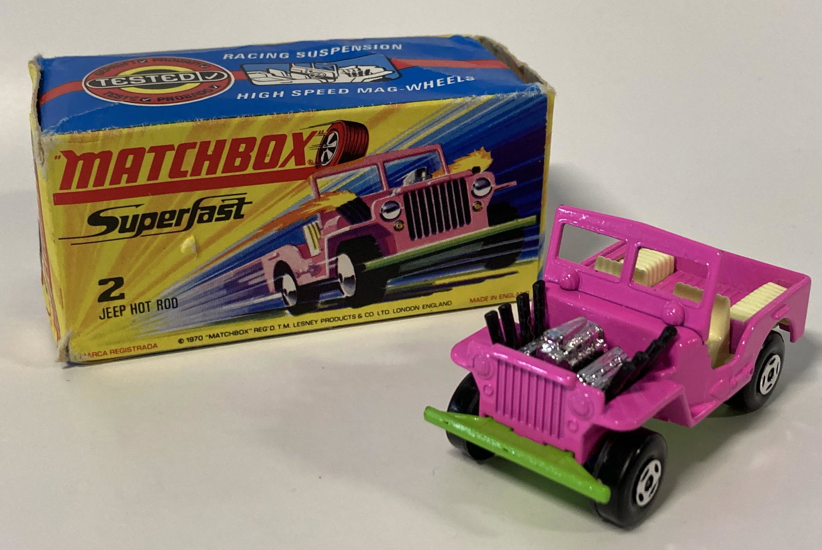 VINTAGE LESNEY MATCHBOX JEEP HOT ROD WITH BOX #2: VINTAGE LESNEY MATCHBOX JEEP HOT ROD WITH BOX #2 The toy is pre-owned. SHIPPING FEE CANADA 10,00$ USA 15.00$ Combined shipping is available for an extra fee, but only on items won on the same date. *A