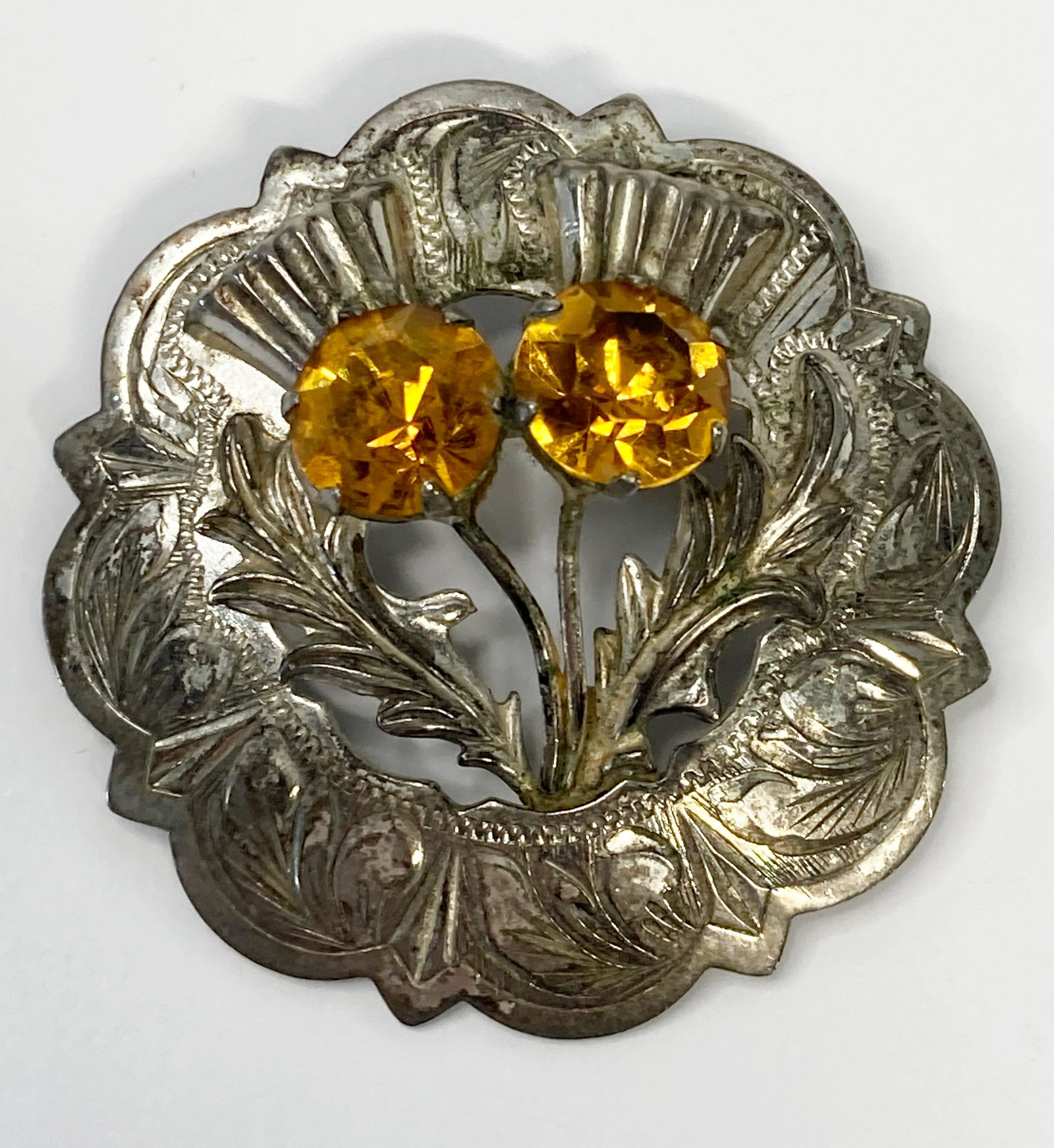 VINTAGE SILVER PLATED BROOCH WITH 2 YELLOW STONES (1 of 5)