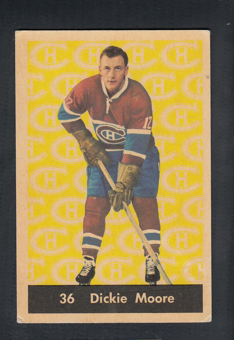1961-62 PARKHURST HOCKEY CARD #36 D. MOORE: 1961-62 PARKHURST HOCKEY CARD #36 D. MOORE Condition: VG Has 1 corner crease SHIPPING FEE CANADA 3,00$ USA 3,00$ Combined shipping is available for an extra fee, but only on items won on the same date