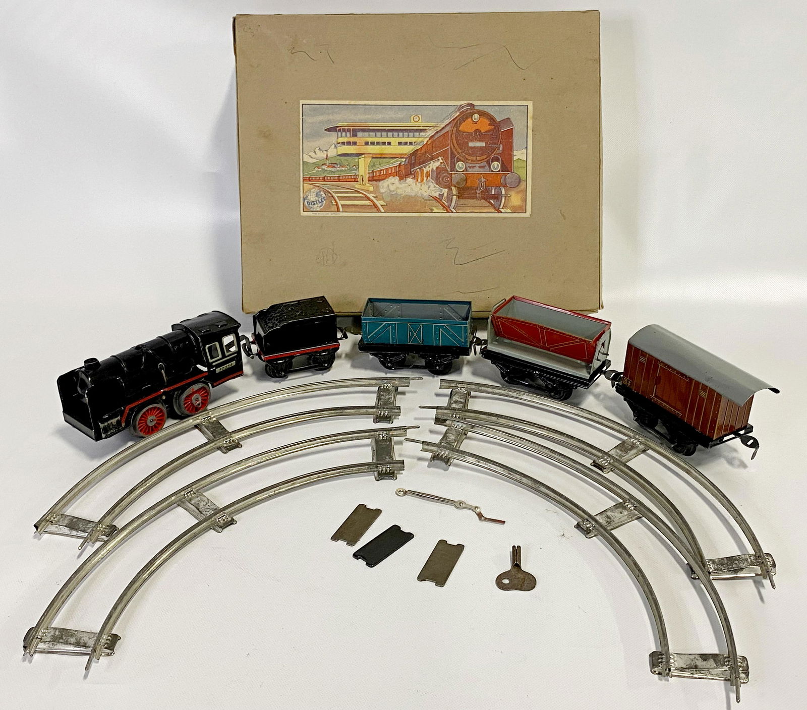 1950's West Germany Wind Up Tin Toy Train Set & Box 1950's West Germany Wind Up Tin Toy Train Set & Box