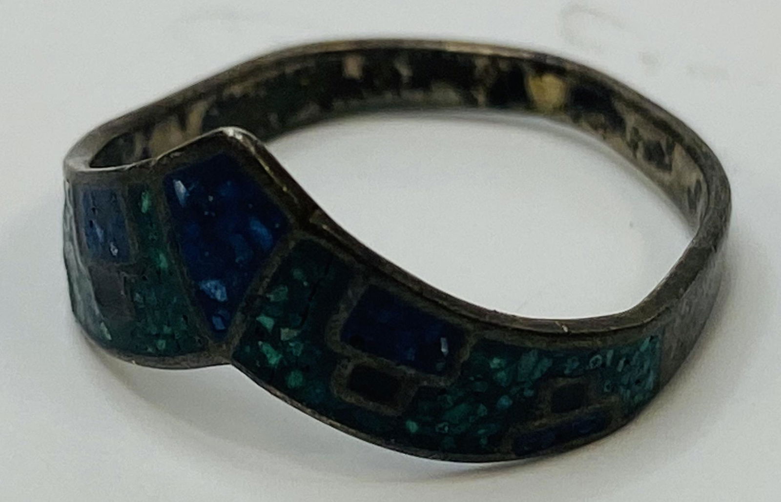 ANTIQUE STERLING SILVER MOSAIC RING BLUE & GREEN (1 of 3)