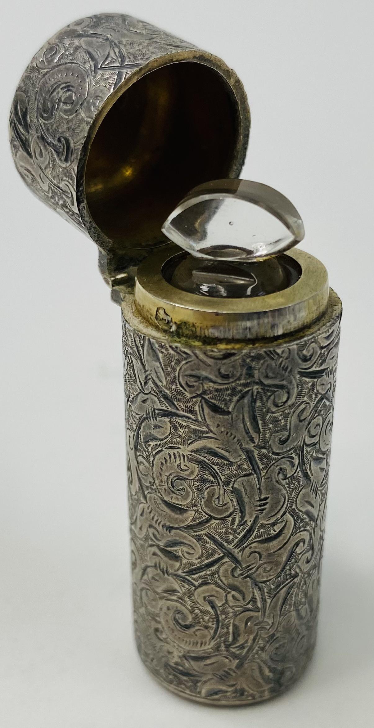 ANTIQUE STERLING SILVER CYLINDRICAL POWDER BOTTLE, ENGRAVED (1 of 5)