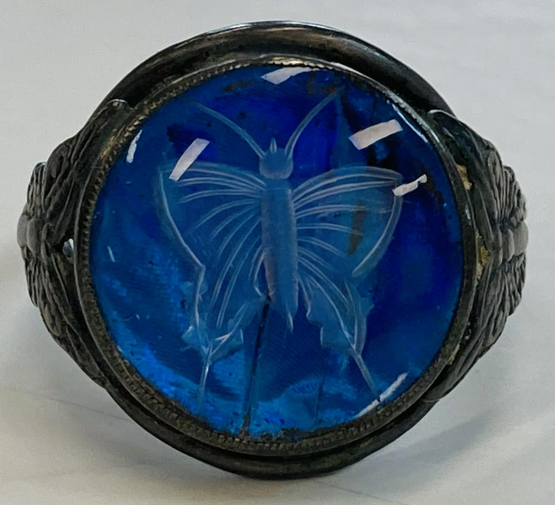 ANTIQUE STERLING SILVER CAMEO RING BUTTERFLY WHITE ON BLUE (1 of 3)