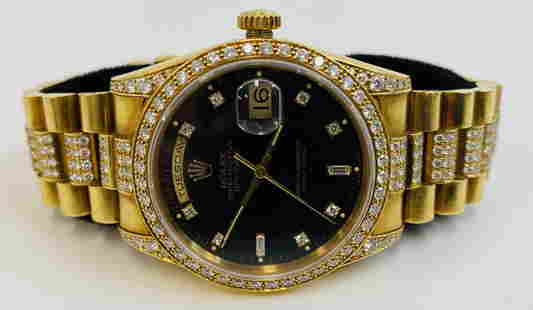 ROLEX PRESIDENT 18K GOLD AUTOMATIC MEN'S WATCH ALL DIAMOND REF.18388: ROLEX PRESIDENT 18K GOLD AUTOMATIC MEN'S WATCH ALL DIAMOND REF.18388 Condition: Pre-owned and runs Diameter: 36 mm Weight: 162.8G *We can't garantee that the watch keeps accurate time, it wasn't teste