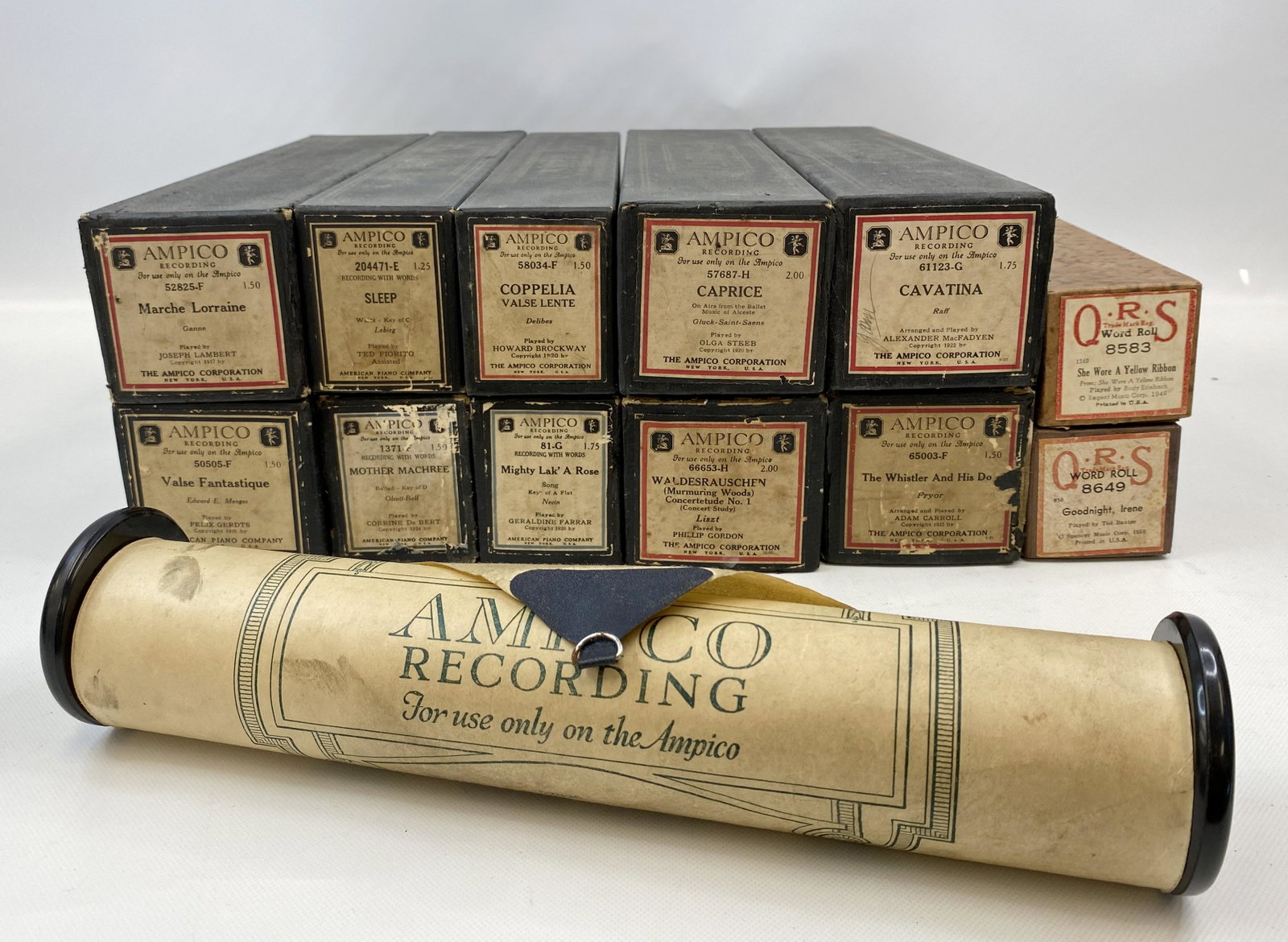 ANTIQUE AMPICO PLAYER PIANO ROLLS LOT OF 12: ANTIQUE AMPICO PLAYER PIANO ROLLS LOT OF 12 Condition: Pre-Owned. SHIPPING FEE CANADA 25.00$ USA 30.00$ Combined shipping is available for an extra fee, but only on items won on the same date. *All pr