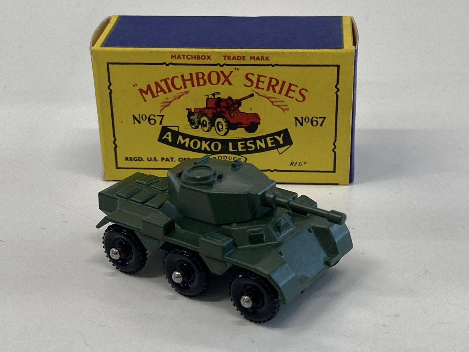 VINTAGE MATCHBOX TOYS SALADIN ARMOURED CAR #67 & BOX: VINTAGE MATCHBOX TOYS SALADIN ARMOURED CAR #67 & BOX CONDITION: PRE-OWNED SHIPPING FEE CANADA 10.00$ USA 15.00$ Combined shipping is available for an extra fee, but only on items won on the same date