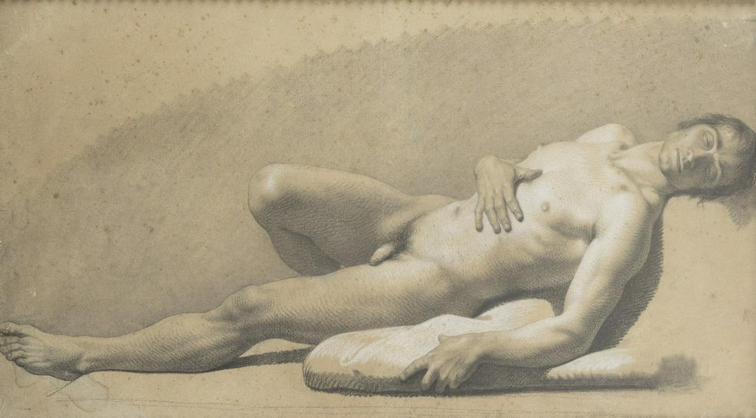 Ecole FranÃ§aise de la fin du XVIIIe, entourage de Jacques Louis David: French school of the end of the 18th century, entourage of Jacques Louis David Academy of a reclining man About 1790 charcoal and white chalk highlights on paper 33 x 59 cm Iconography close to the de