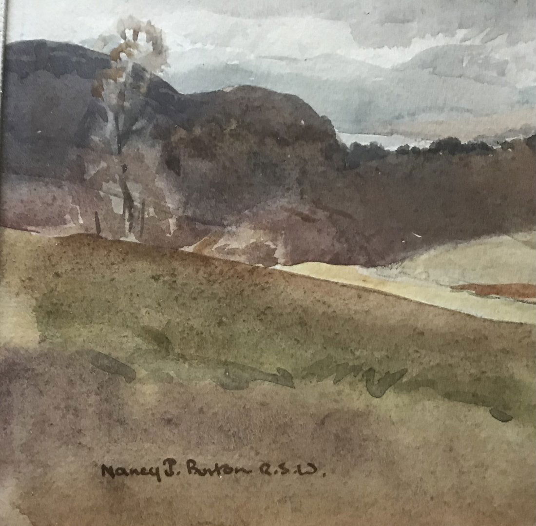 Nancy James Burton Scotland R.S.W. Royal Scottish Watercolour Society: Nancy J. Burton R.S.W. (Royal Scottish Watercolour Society) watercolour entitled Trees on Trossachs Road - which is near Glasgow. Outside frame dimension 16 1/2” wide X 13 3/4” tall - Piec