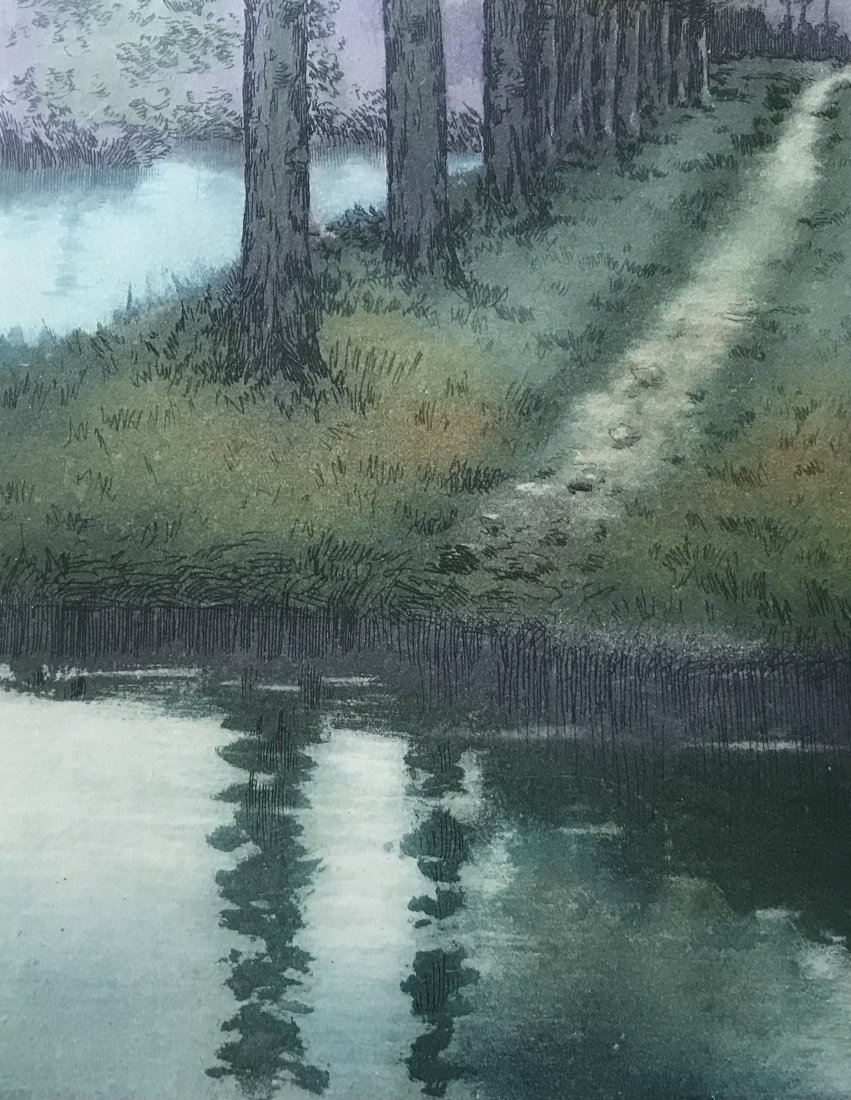 Indistinguishable Signature - French ? Belgium ? Lithograph: Indistinguishable signature - lithograph signed in pencil bottom right. French / Belgian tree lined lane by the river. Frame dimension 13 3/4 inches x 21 1/2 inches piece dimension 6 1/2 inches x 14 1