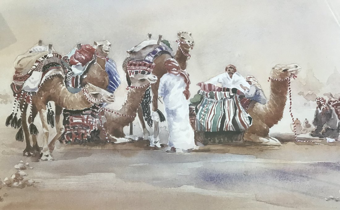 I. H. Kwon Bedouins Saudi Arabia Watercolour: I. H. Kwon. Watercolour on paper of Bedouins with camels in the foreground and background. Signed I.M. Kwon on the right side. Verso bears the framers label, The Village Riyadh. Outside frame dimensio