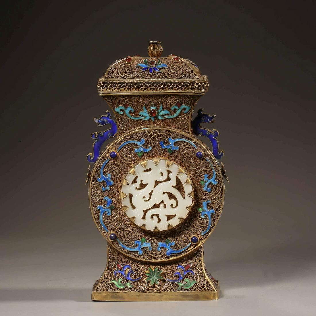 Silver enamel filigree inlaid Hetian jade vase (1 of 12)